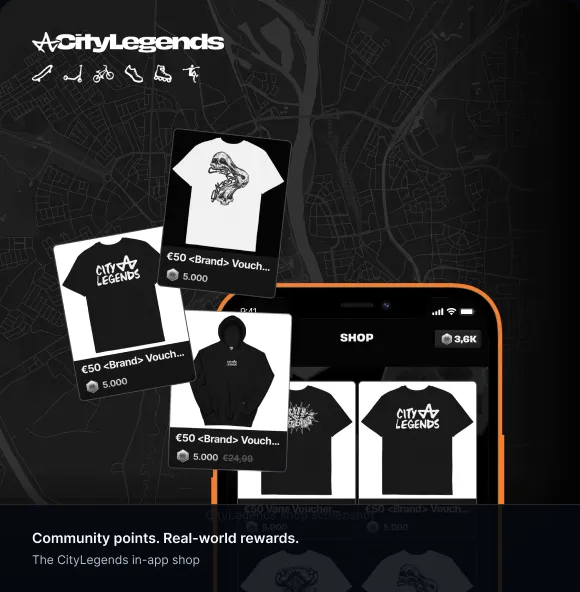 CityLegends in-app shop showing merchandise vouchers and a phone storefront.