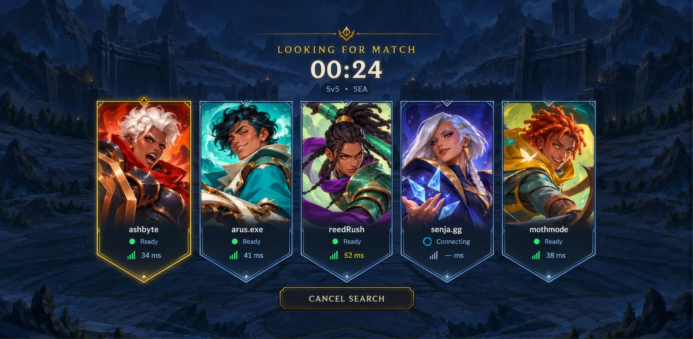 Matchmaking screen showing a 5v5 lobby filling with players, their ready status, and latency