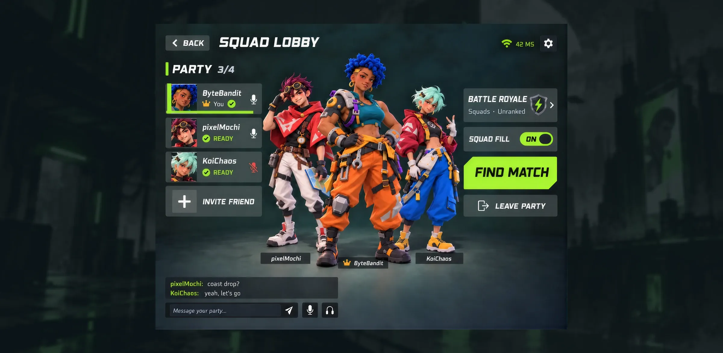Squad lobby with party members, ready status, and party chat
