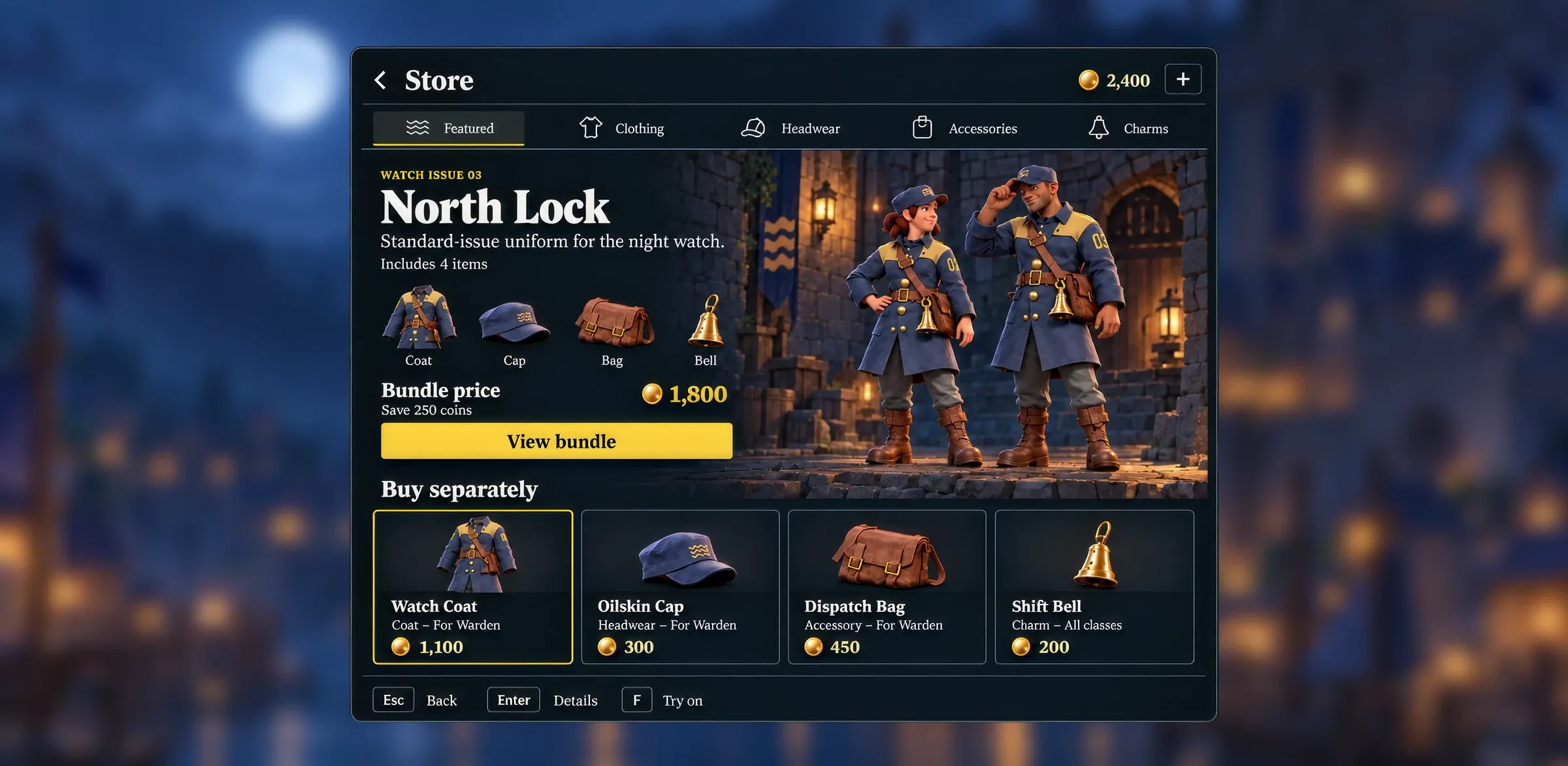 In-game store with a featured outfit bundle and its items sold separately