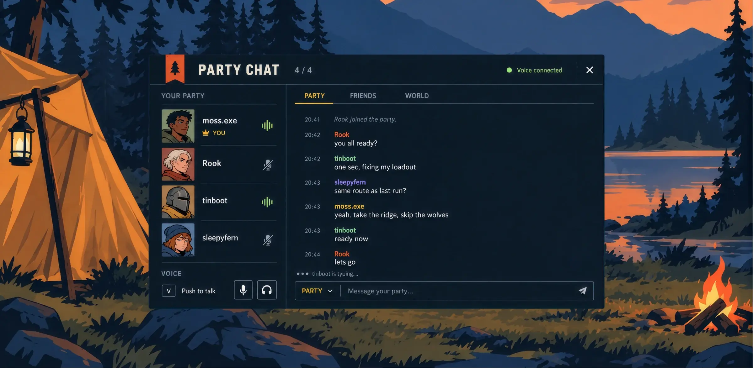 Party chat screen showing four players with voice connection and messages