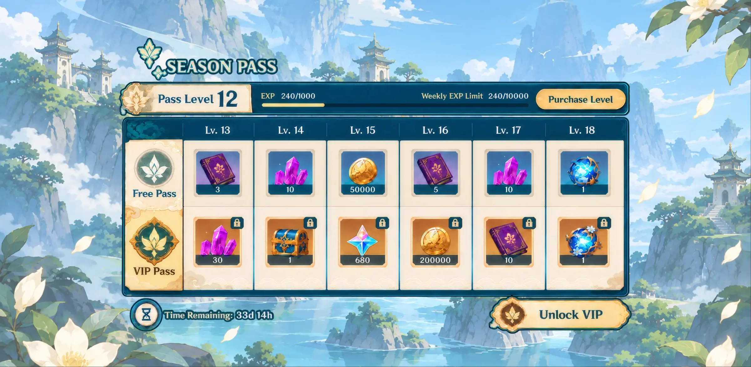 Season pass screen with free and VIP reward tracks by level