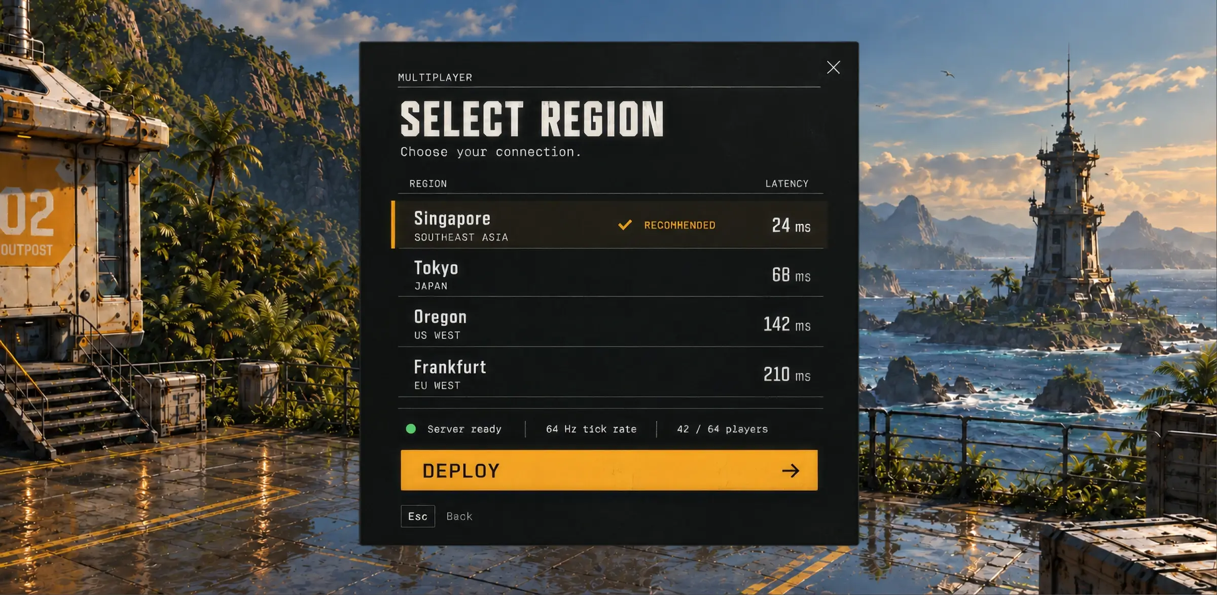 Server region picker showing latency per region, server status, and player capacity