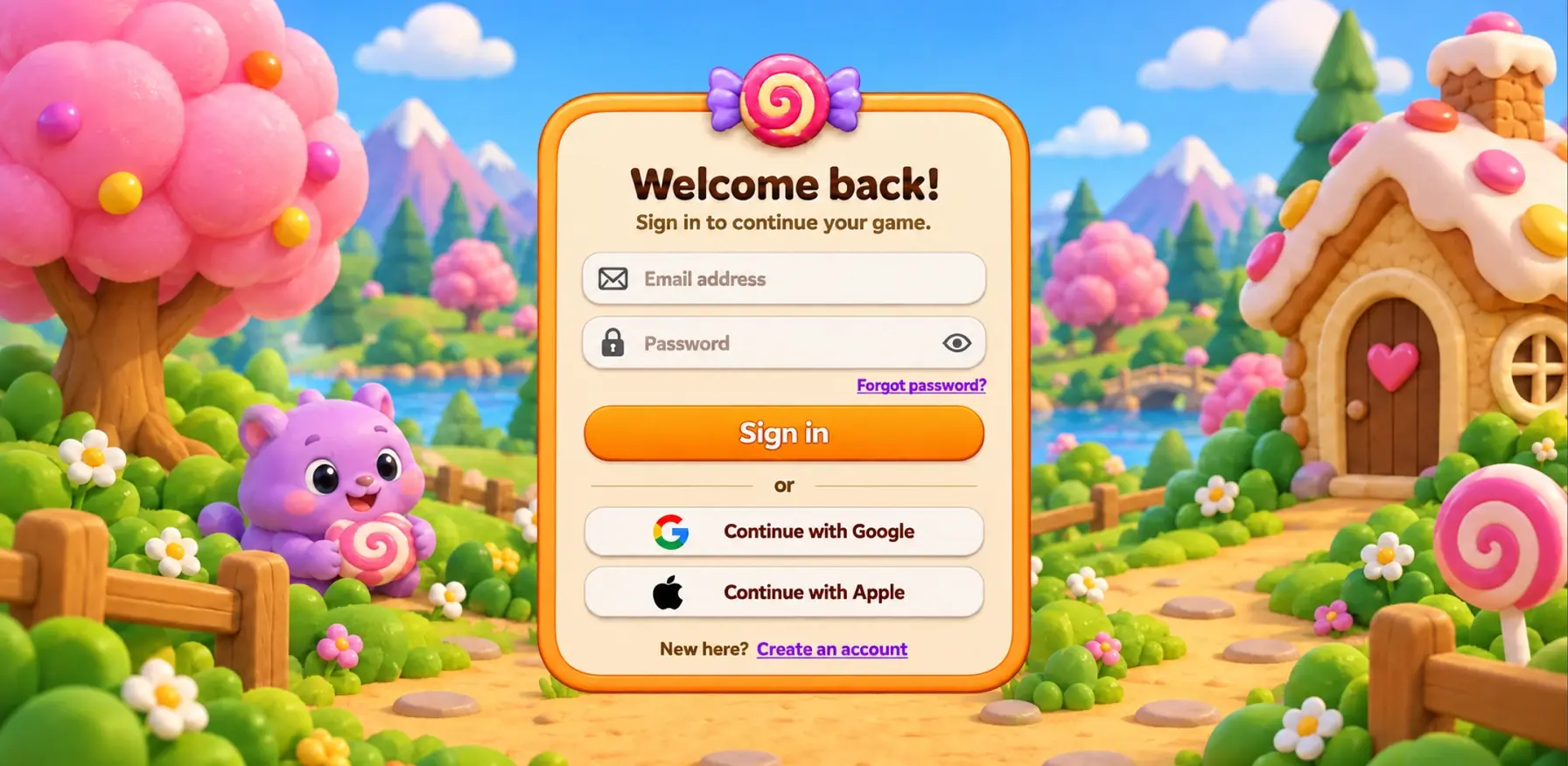 Player sign-in screen with email, password, and Google and Apple sign-in options