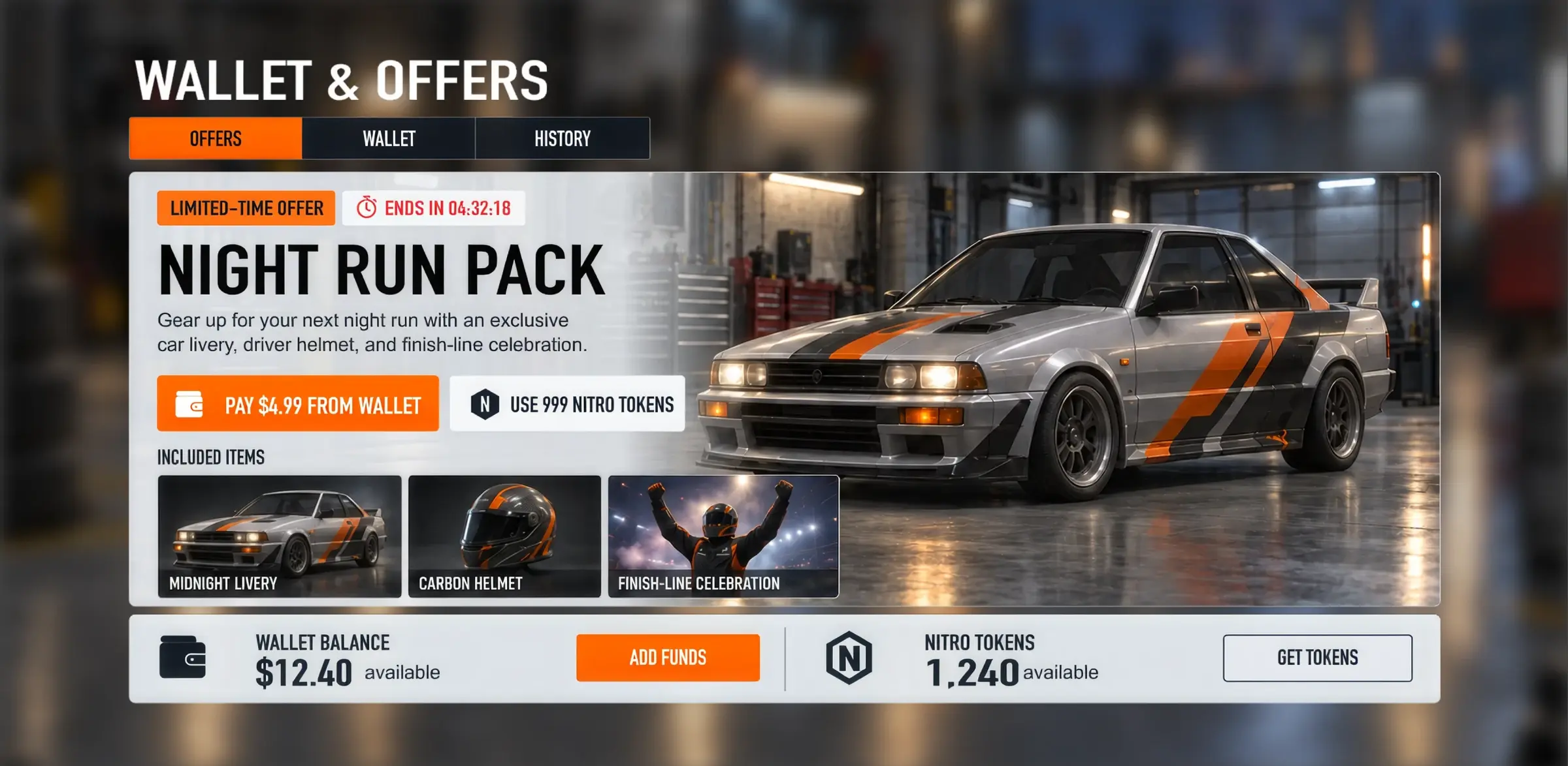 In-game store offer with wallet balance and token currency