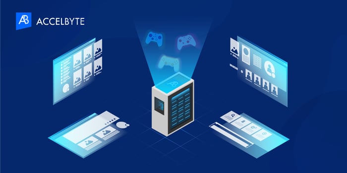 Illustration of AccelByte's dedicated server manager with gaming interfaces and controllers in a virtual environment.