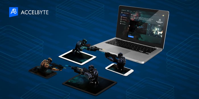  Illustration of cross platform game design by AccelByte, featuring 3D soldiers on devices and a laptop interface.