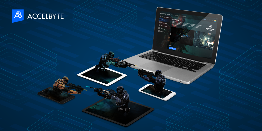  Illustration of cross platform game design by AccelByte, featuring 3D soldiers on devices and a laptop interface.