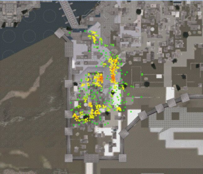 Heatmap of all of the failures of the playtest participants in Assassin's Creed Brotherhood